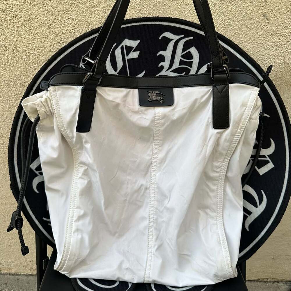 Burberry Prorsum White Nylon & Black Leather Drawstring Tote Bag